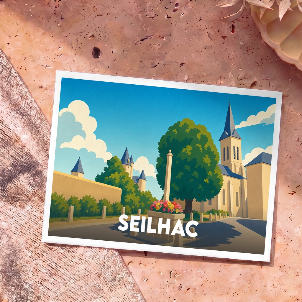 Carte postale souvenir de la ville de Seilhac avec une illustration stylisée d'un village français.
