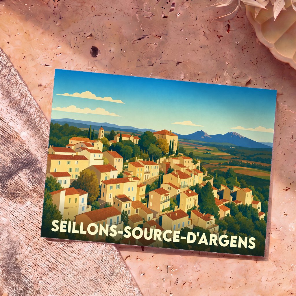 Carte postale souvenir de la ville de Seillons-Source-d'Argens avec une illustration stylisée de son village perché.