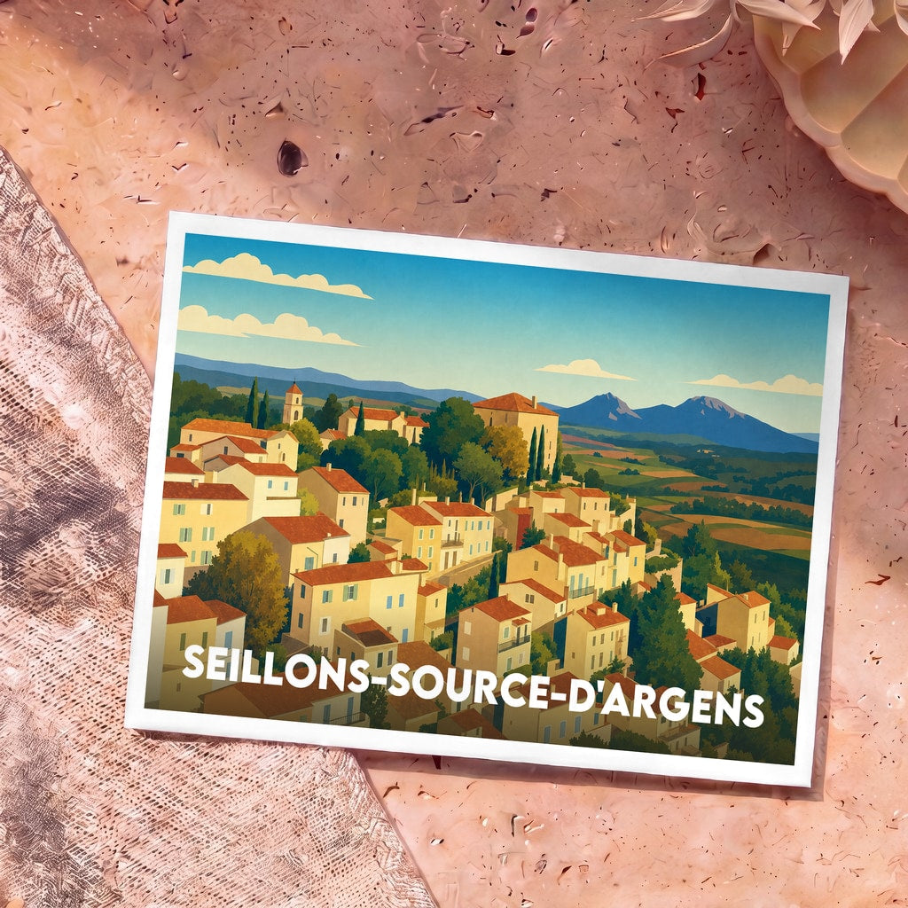 Carte postale souvenir de la ville de Seillons-Source-d'Argens avec une illustration stylisée de son village perché.