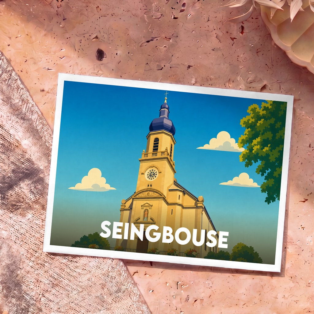 Carte postale souvenir de la ville de Seingbouse représentant son église avec une illustration stylisée.