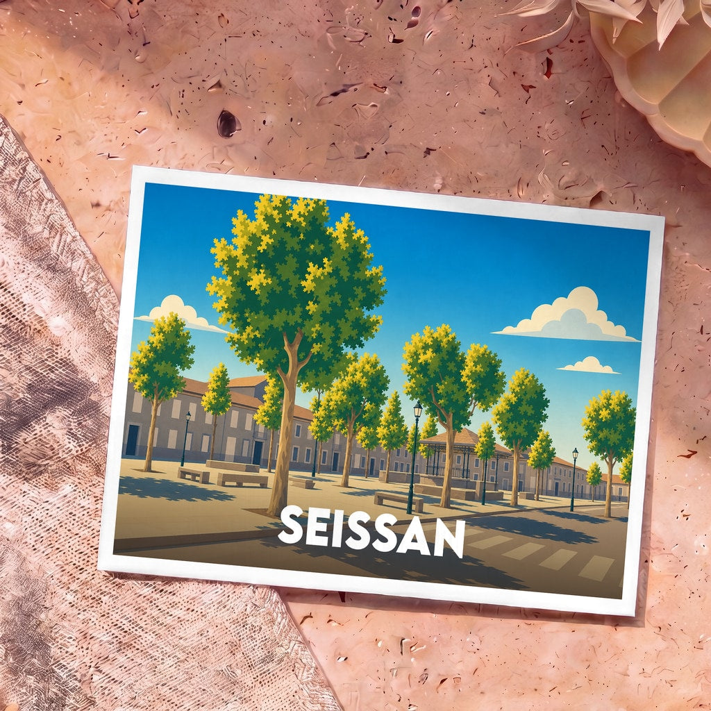 Carte postale souvenir de la ville de Seissan avec une illustration stylisée d'une place arborée sous un ciel bleu.