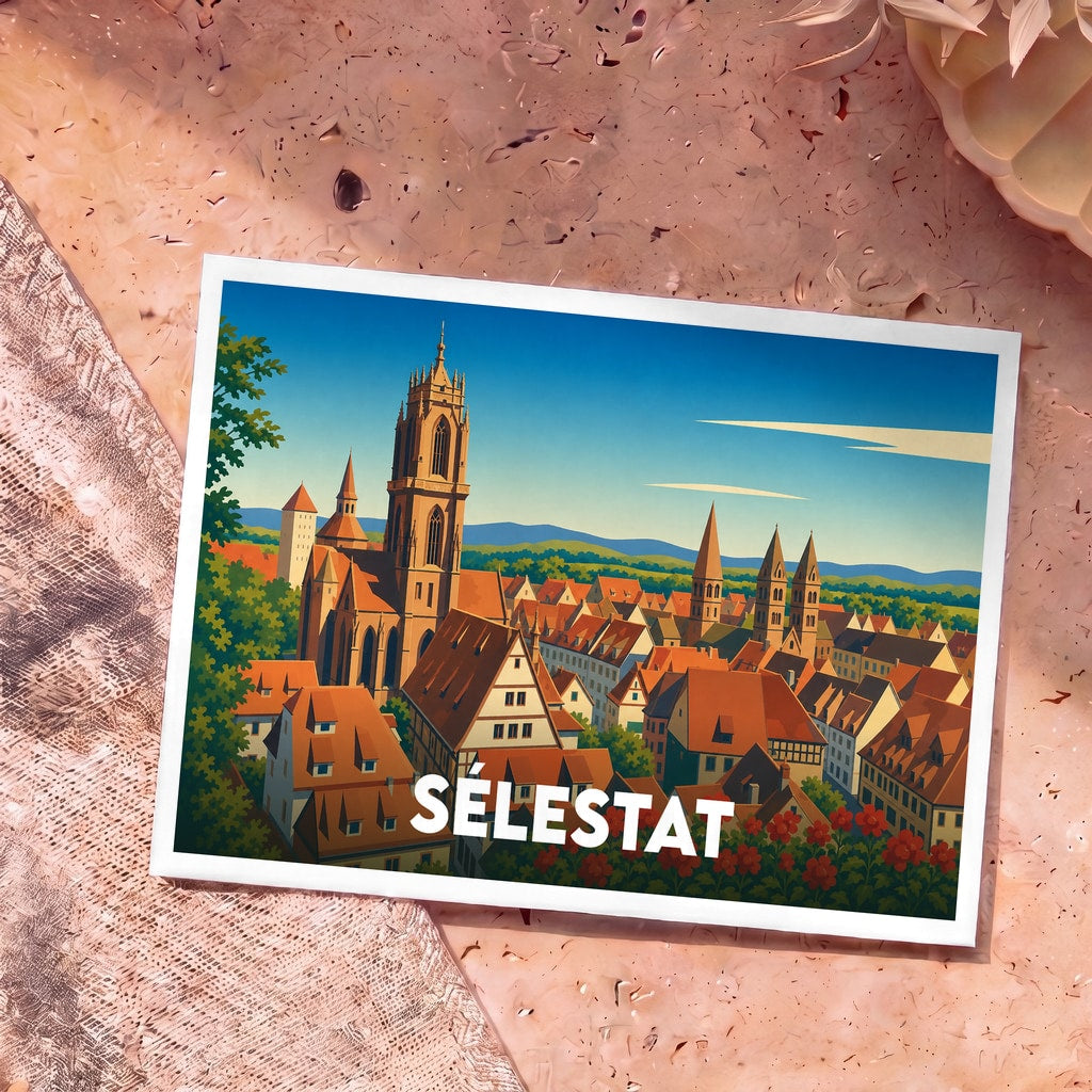 Carte postale souvenir de la ville de Sélestat arborant une illustration stylisée de ses églises et de ses toits traditionnels.