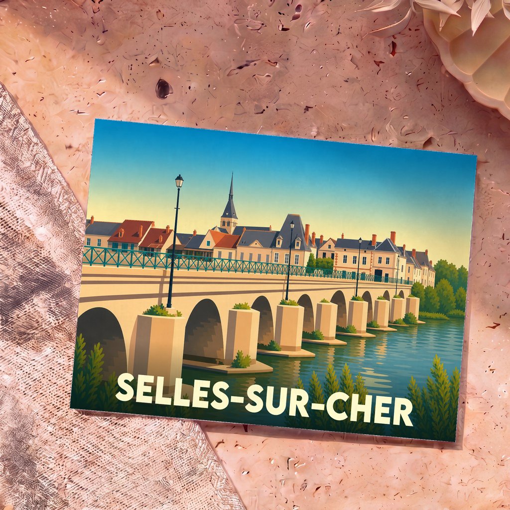 Carte postale souvenir de la ville de Selles-sur-Cher illustrant son pont historique et son église dans un style graphique épuré.