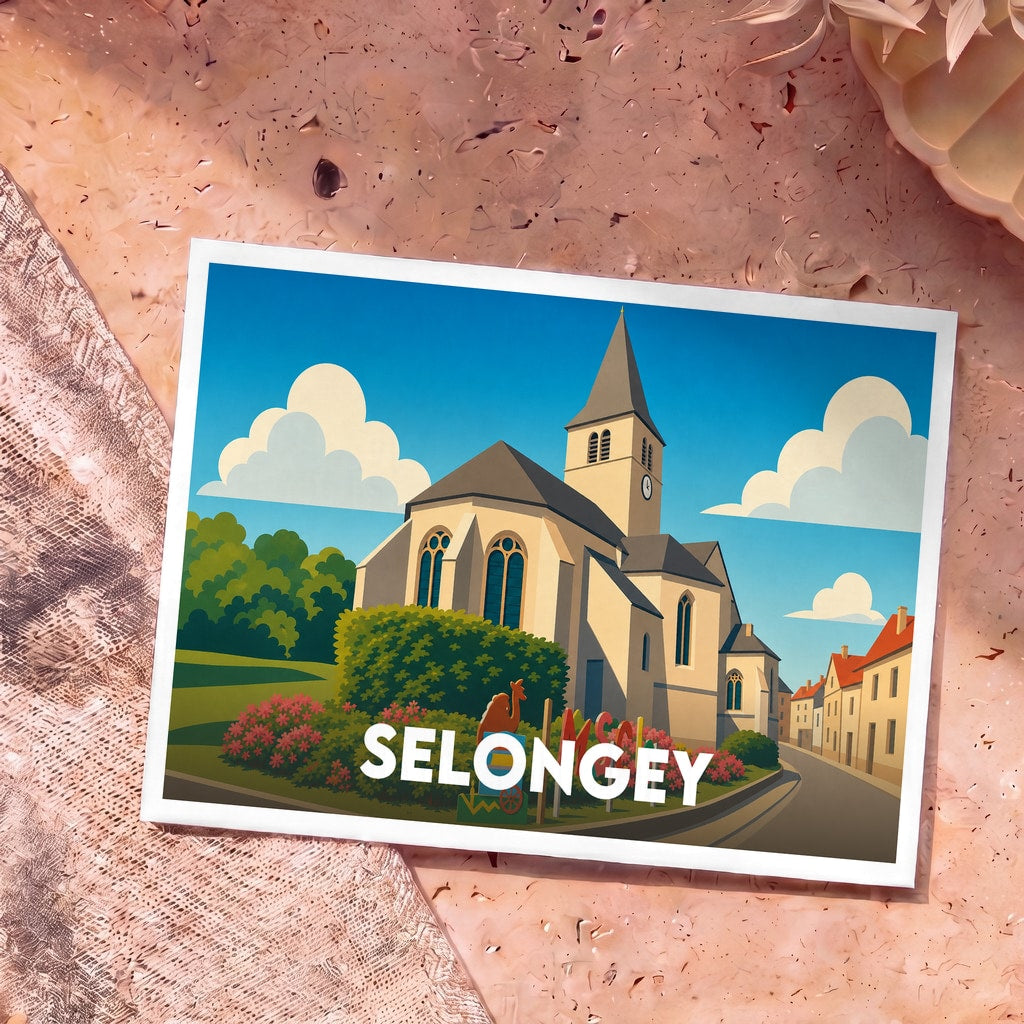 Carte postale souvenir de la ville de Selongey avec une illustration stylisée de son église et de ses rues.