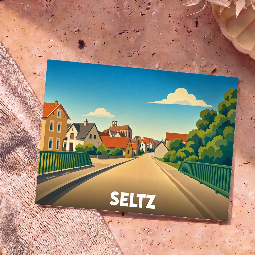 Carte postale souvenir de la ville de Seltz avec une illustration stylisée montrant une rue pittoresque bordée de maisons.