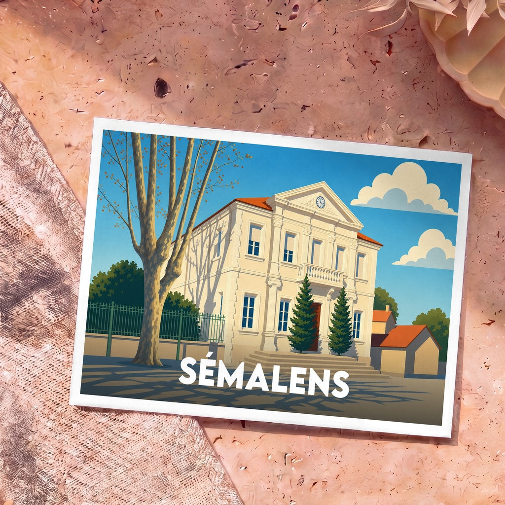 Carte postale souvenir de la ville de Sémalens avec une illustration stylisée de sa mairie.