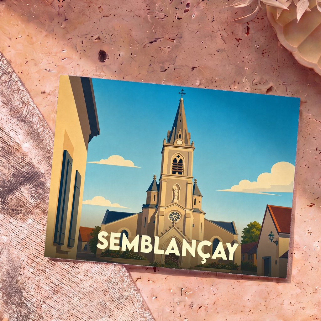 Carte postale souvenir de la ville de Semblançay avec une illustration stylisée de son église sous un ciel bleu.
