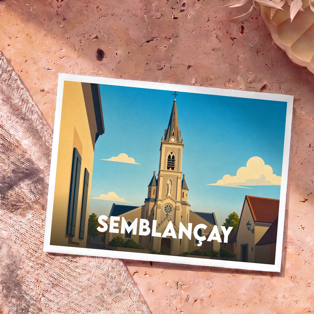 Carte postale souvenir de la ville de Semblançay avec une illustration stylisée de son église sous un ciel bleu.