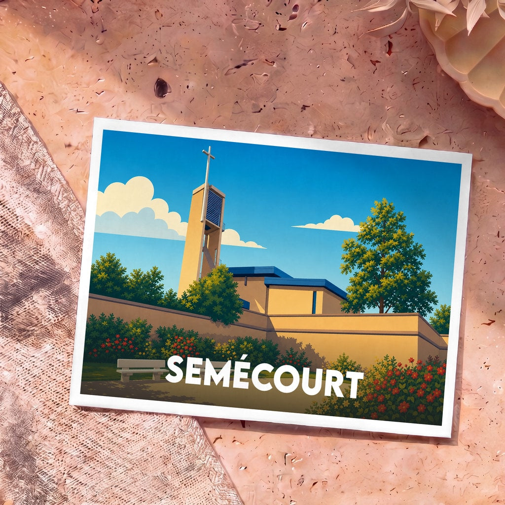 Carte postale souvenir de la ville de Semécourt avec une illustration stylisée de son église moderne et de ses jardins.