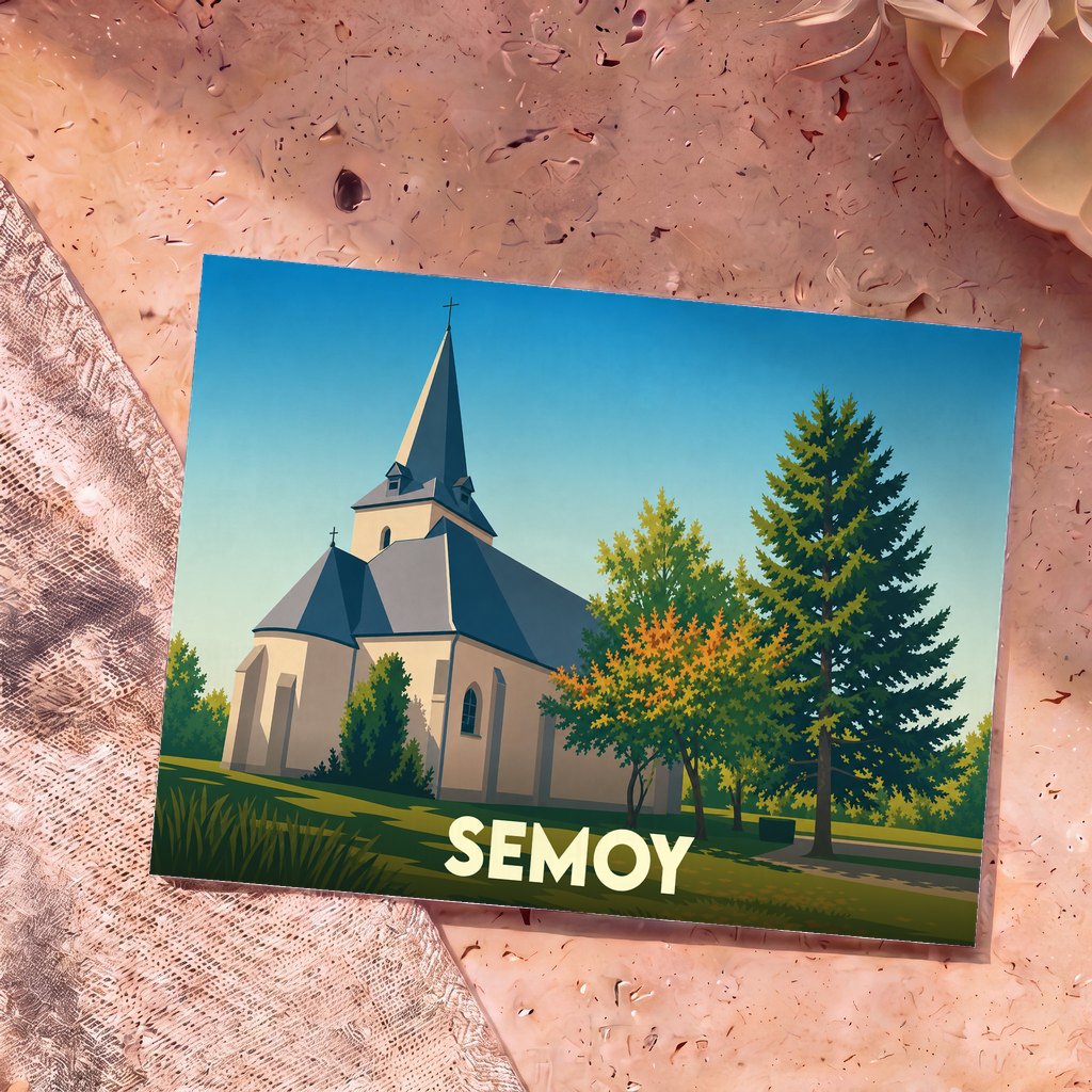 Carte postale souvenir de la ville de Semoy illustrant son église dans un style graphique épuré.