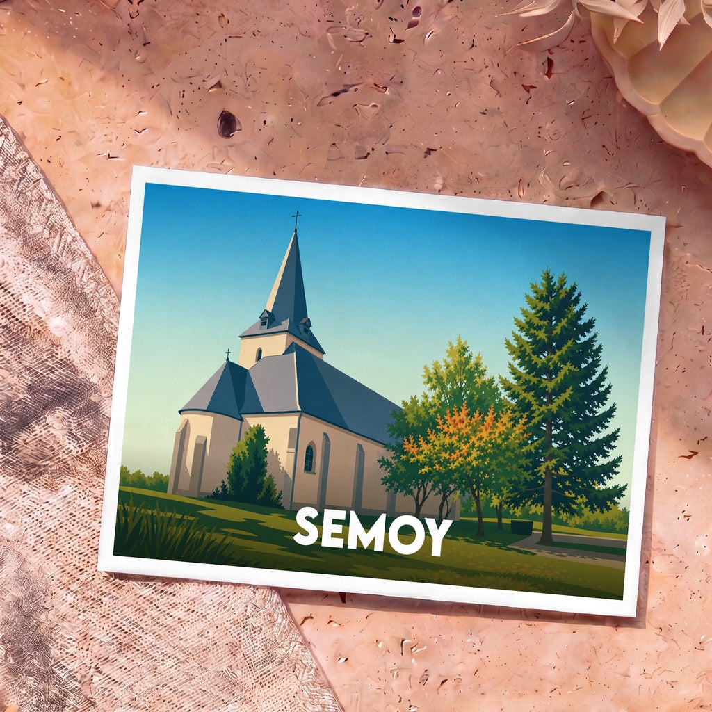 Carte postale souvenir de la ville de Semoy illustrant son église dans un style graphique épuré.