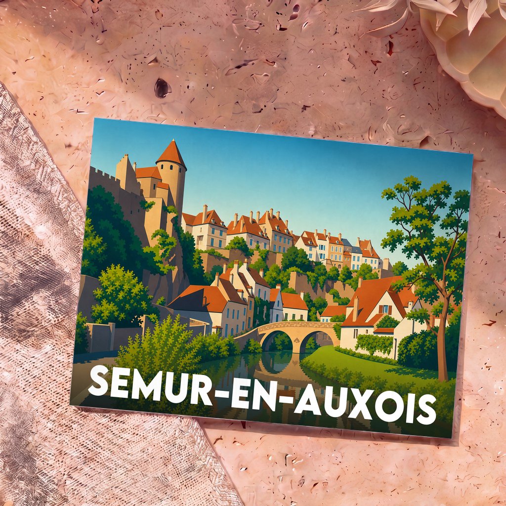 Carte postale souvenir de la ville de Semur-en-Auxois présentant une illustration stylisée de ses remparts et de ses maisons au bord de l'eau.