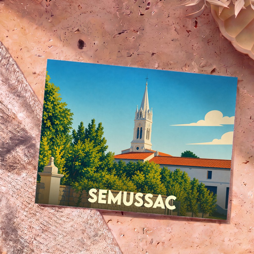 Carte postale souvenir de la ville de Semussac illustrant son église à travers une végétation verdoyante.