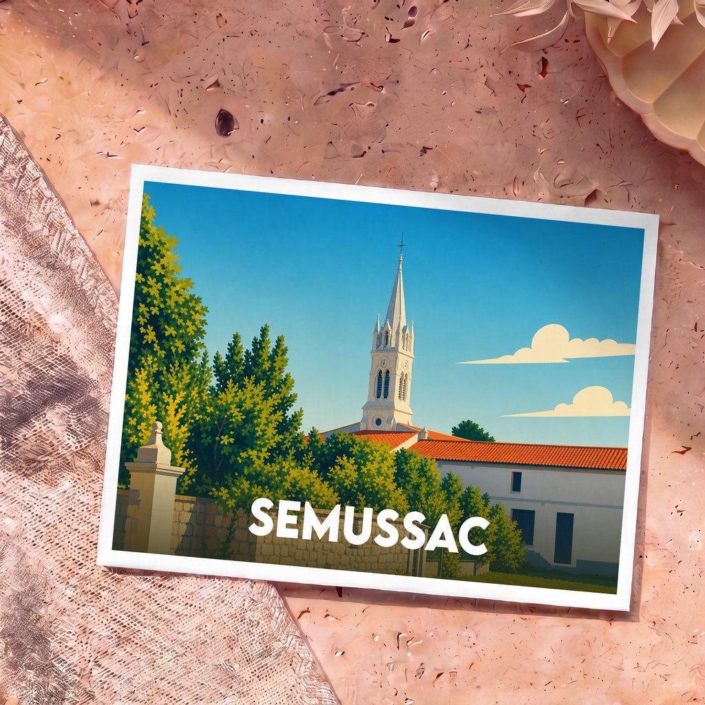 Carte postale souvenir de la ville de Semussac illustrant son église à travers une végétation verdoyante.