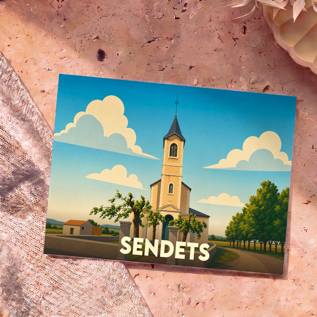 Carte postale souvenir de la ville de Sendets avec une illustration stylisée de son église sous un ciel nuageux.