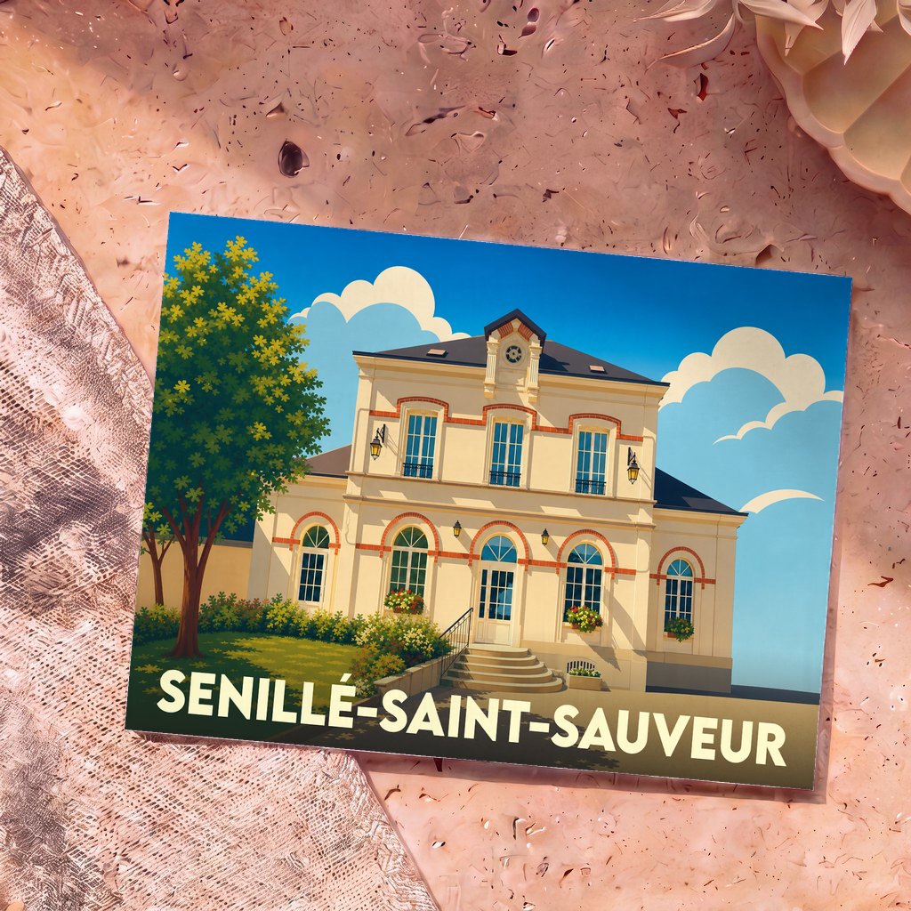 Carte postale souvenir de la ville de Senillé-Saint-Sauveur avec une illustration stylisée de sa mairie.