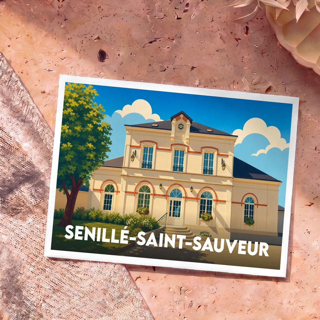 Carte postale souvenir de la ville de Senillé-Saint-Sauveur avec une illustration stylisée de sa mairie.