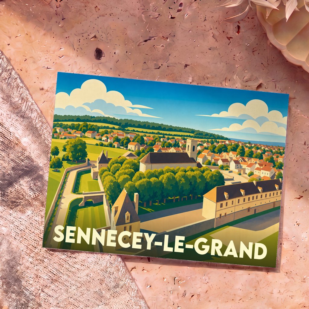 Carte postale souvenir de la ville de Sennecey-le-Grand avec une illustration stylisée et colorée de son paysage urbain.