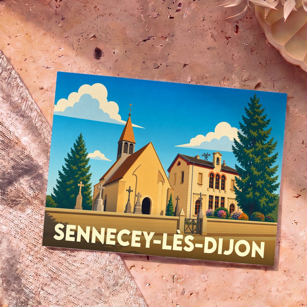 Carte postale souvenir de la ville de Sennecey-lès-Dijon avec une illustration stylisée de son église et de ses bâtiments.