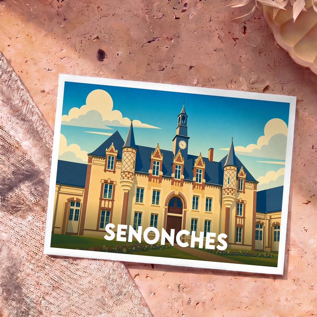 Carte postale souvenir de la ville de Senonches illustrant son château dans un style graphique et coloré.