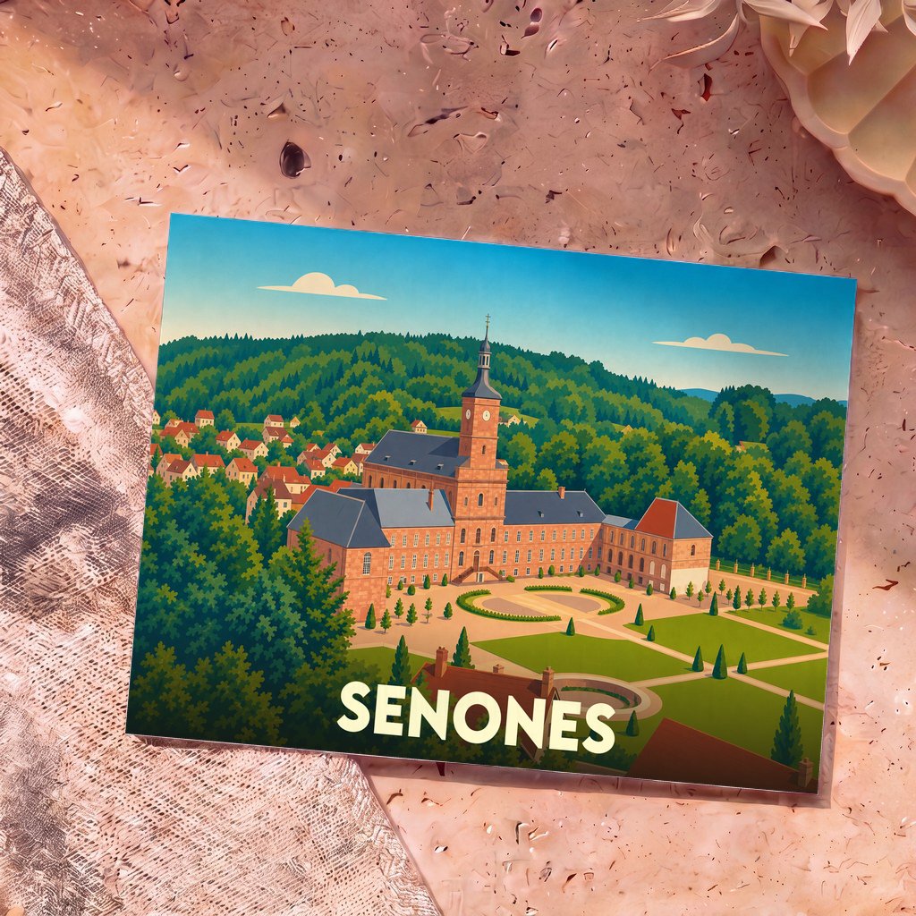 Carte postale souvenir de la ville de Senones illustrant son abbaye princière dans un style graphique et coloré.