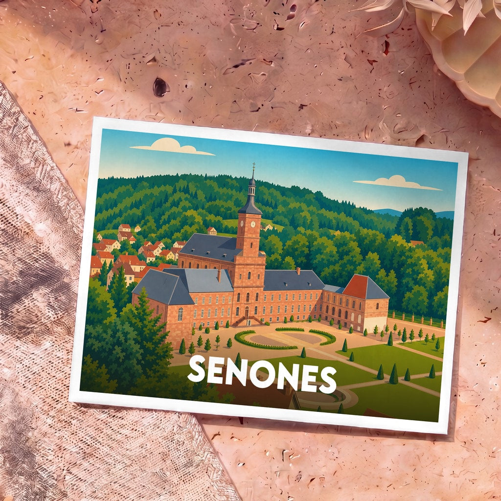 Carte postale souvenir de la ville de Senones illustrant son abbaye princière dans un style graphique et coloré.