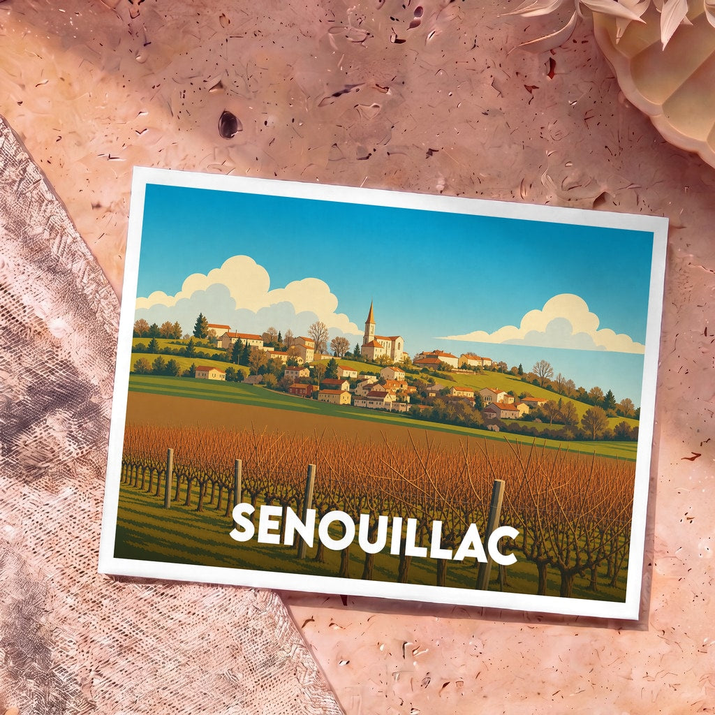 Carte postale souvenir de la ville de Senouillac avec une illustration stylisée de son village et de ses vignobles.