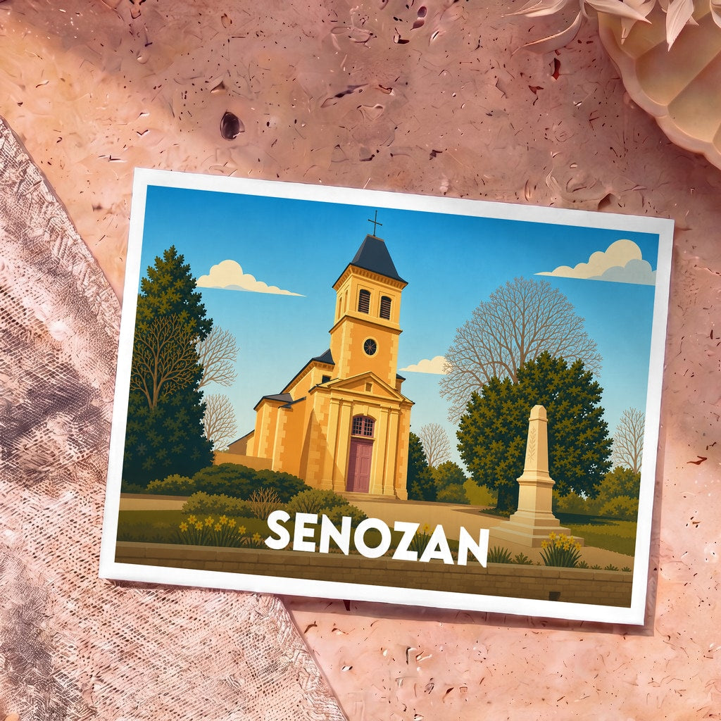 Carte postale souvenir de la ville de Senozan avec une illustration stylisée de son église.