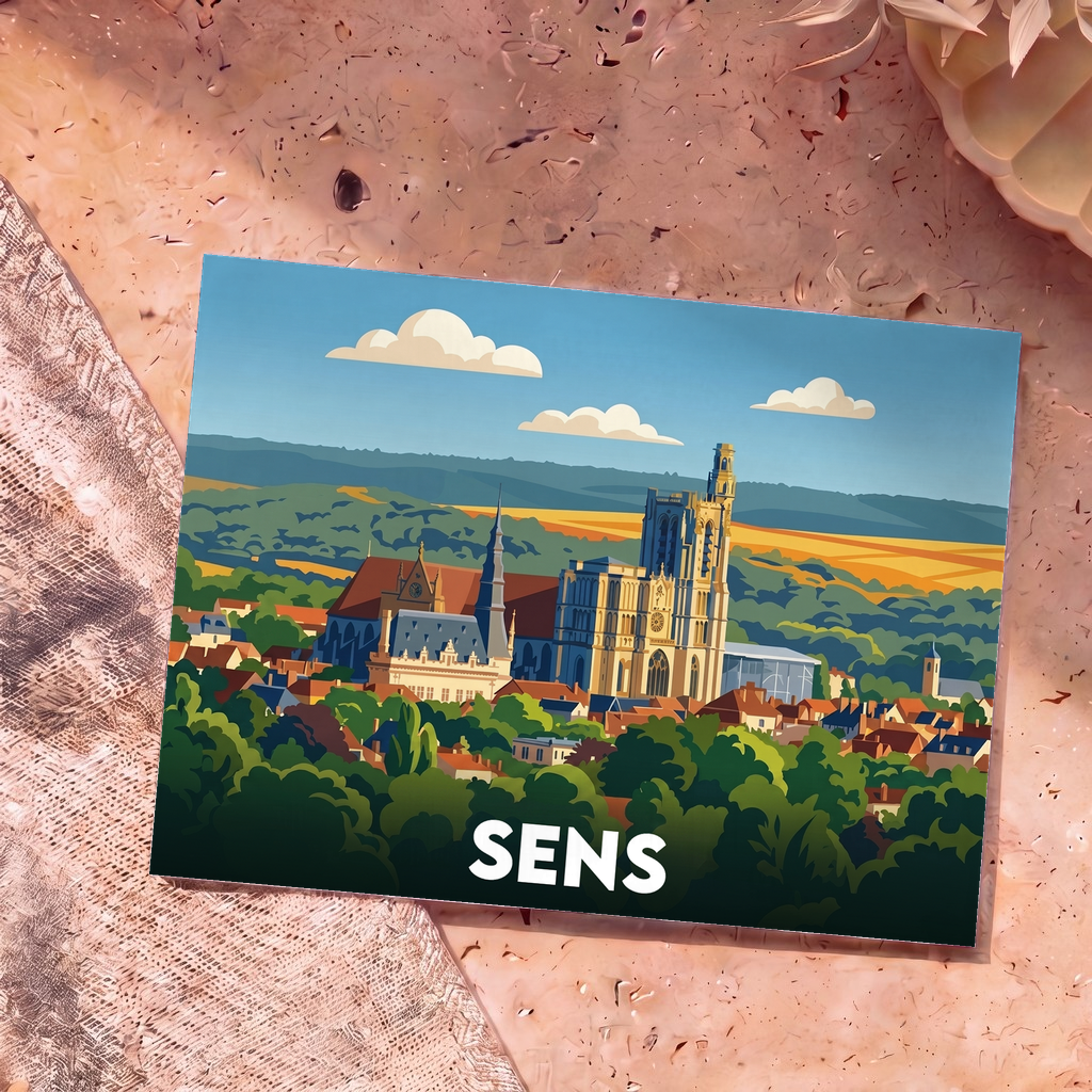 Carte postale souvenir de la ville de Sens avec une illustration stylisée de sa cathédrale surplombant la ville et la nature.