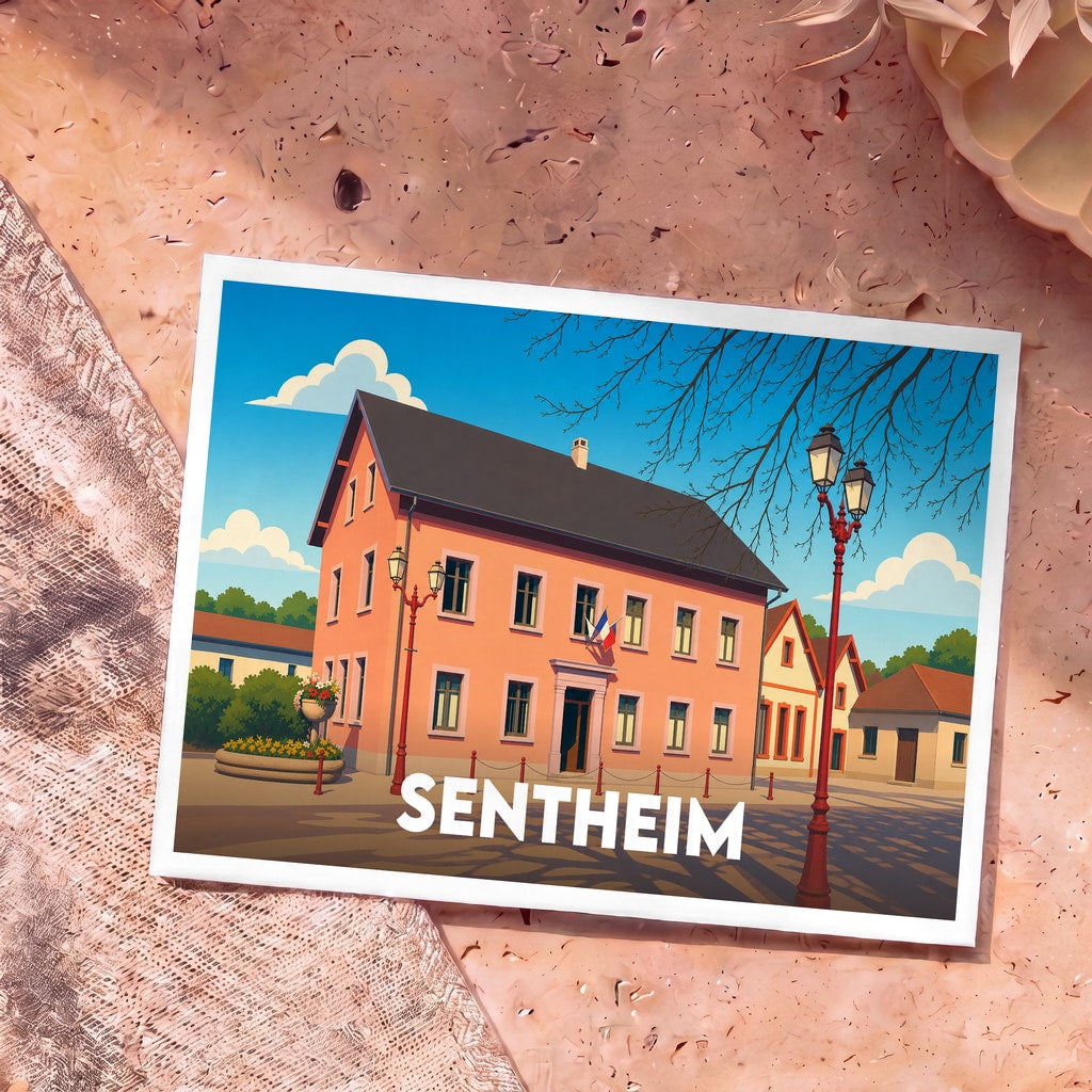 Carte postale souvenir de la ville de Sentheim avec une illustration stylisée de la mairie sous un ciel bleu.