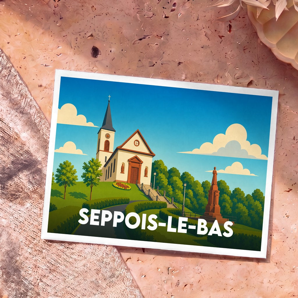 Carte postale souvenir de la ville de Seppois-le-Bas avec une illustration stylisée d'une église et d'un monument.