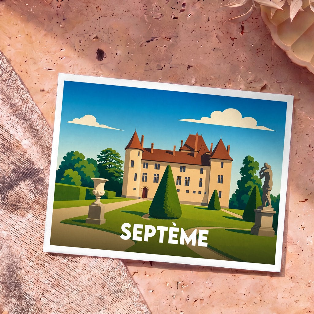 Carte postale souvenir de la ville de Septème illustrant son château dans un style graphique épuré.