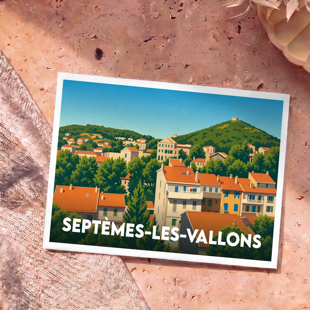 Carte postale souvenir de la ville de Septèmes-les-Vallons avec une illustration stylisée d'un paysage provençal.
