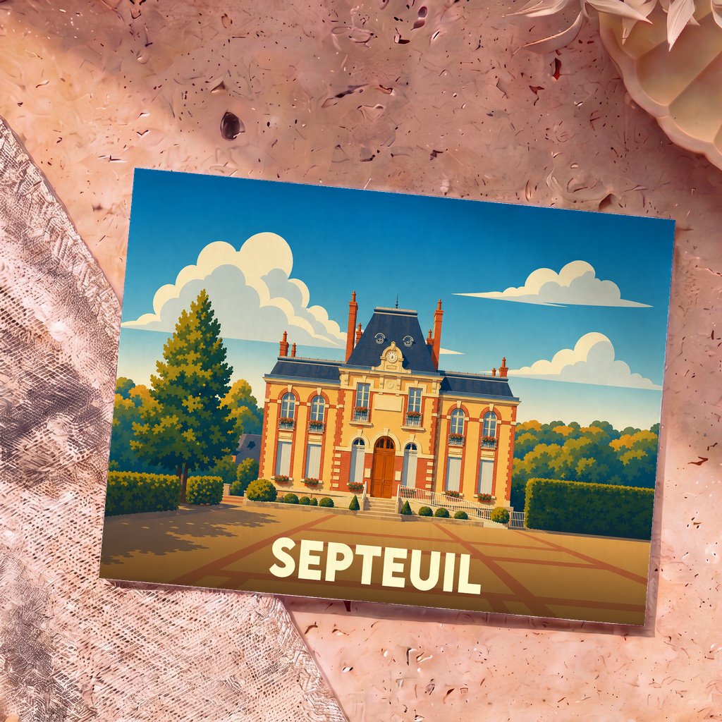 Carte postale souvenir de la ville de Septeuil avec une illustration stylisée de sa mairie.