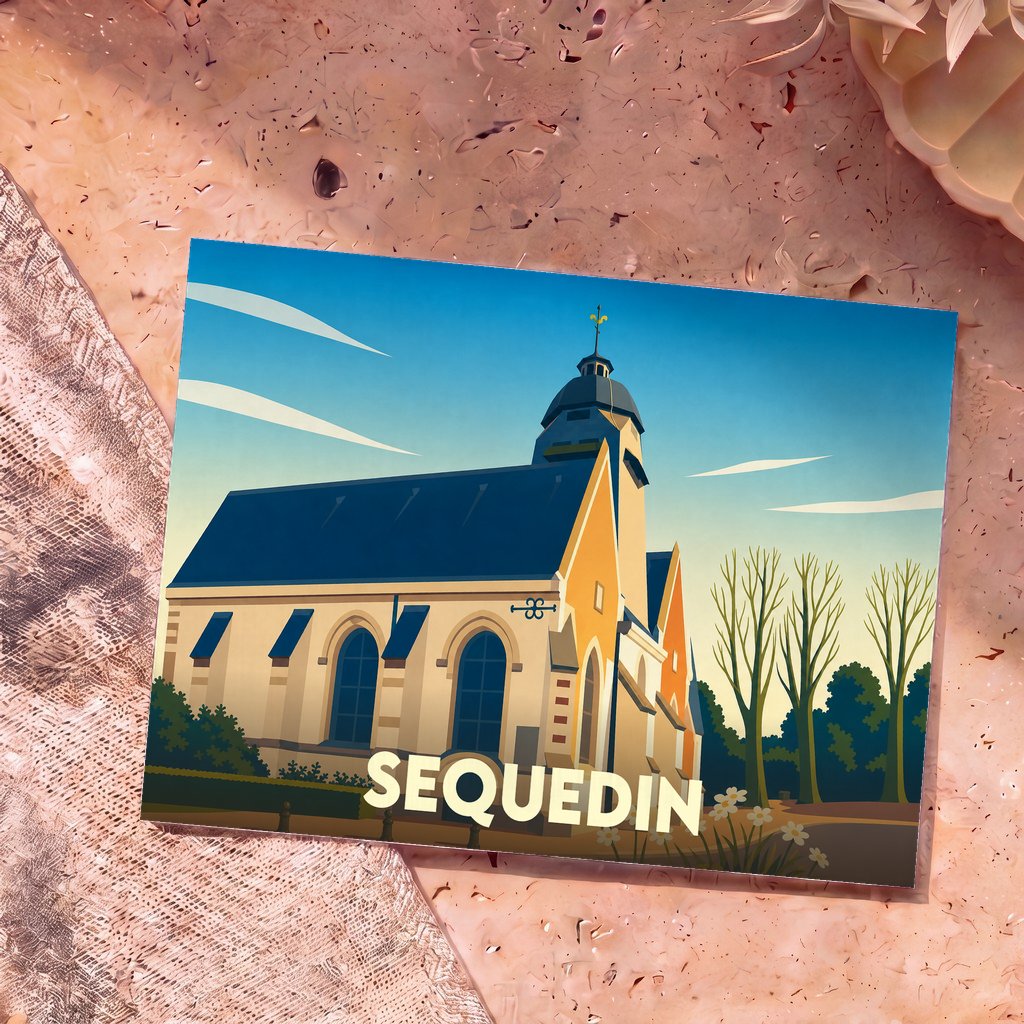 Carte postale souvenir de la ville de Sequedin avec une illustration stylisée de son église sous un ciel bleu.
