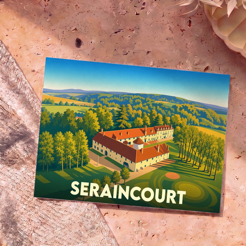 Carte postale souvenir de la ville de Seraincourt avec une illustration stylisée de son paysage et de son château.