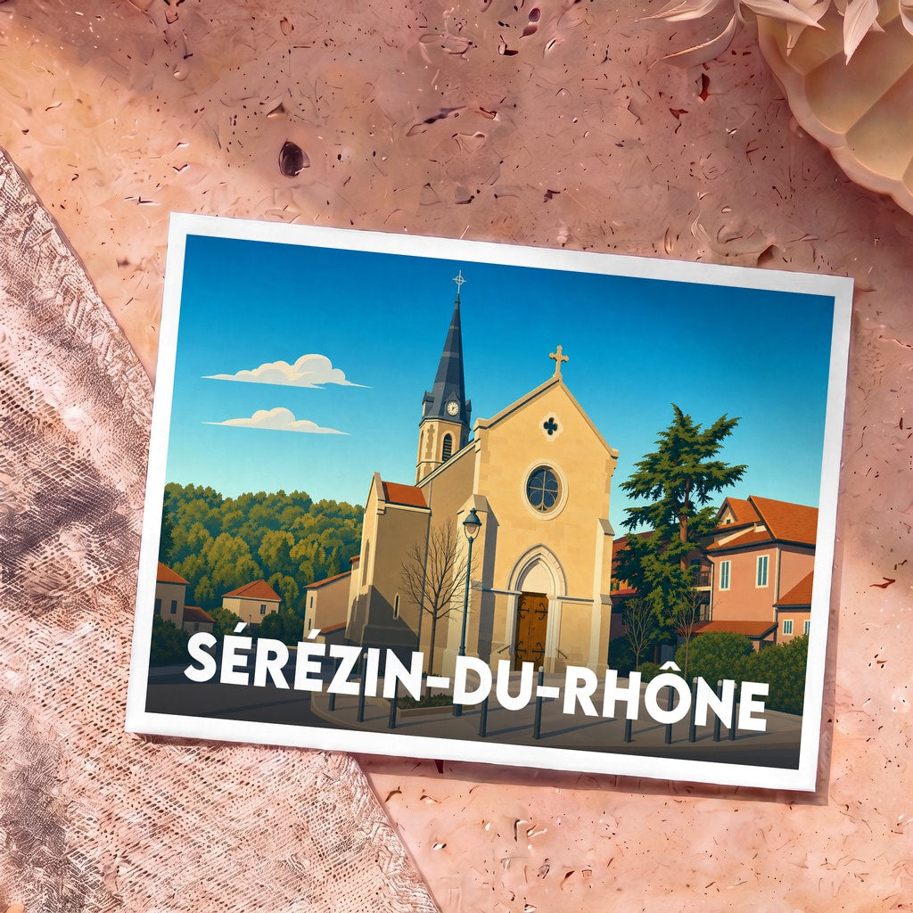 Carte postale souvenir de la ville de Sérézin-du-Rhône avec une illustration stylisée de son église sous un ciel bleu.
