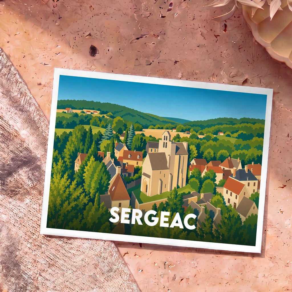 Carte postale souvenir de la ville de Sergeac avec une illustration stylisée et colorée.