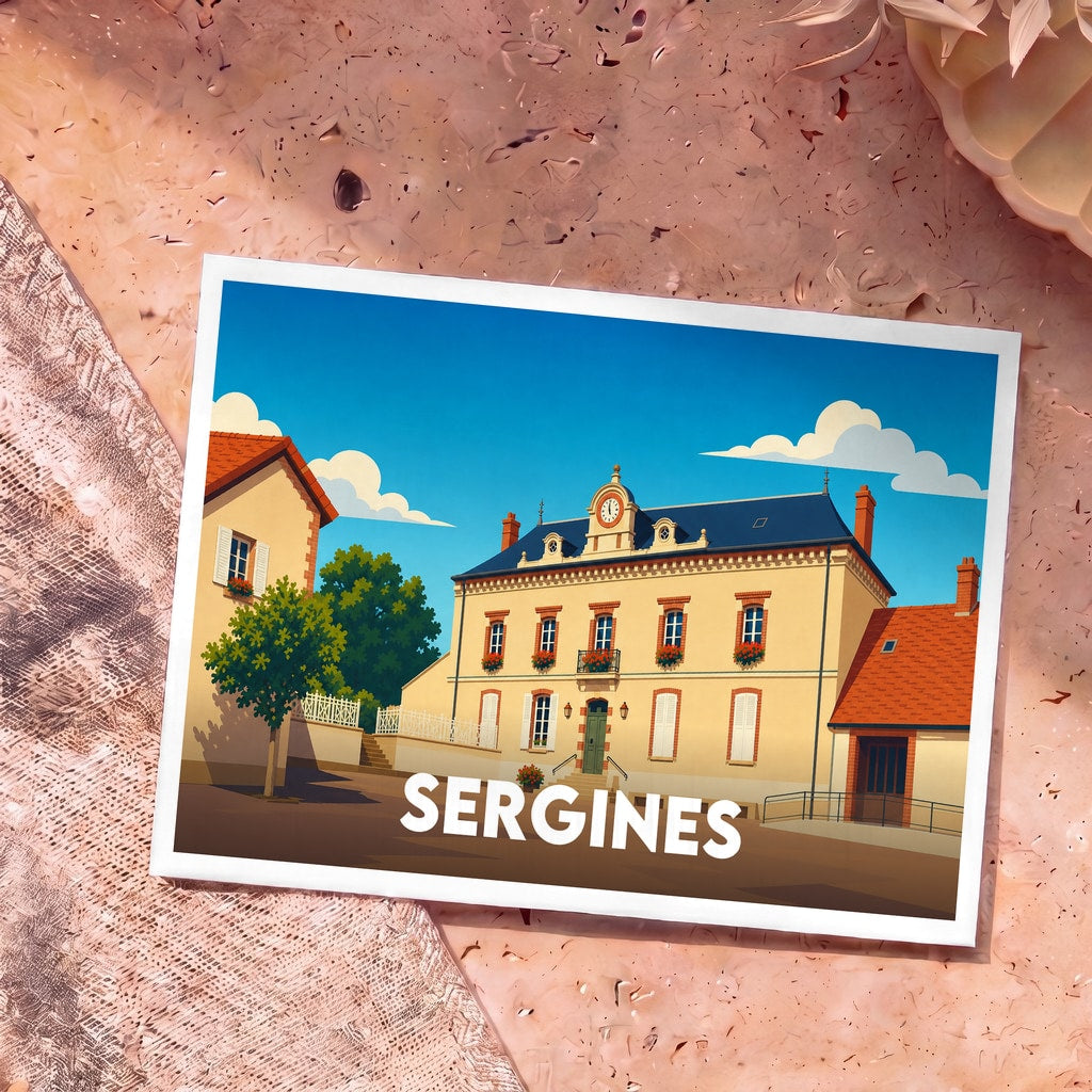 Carte postale souvenir de la ville de Sergines avec une illustration stylisée de sa mairie.