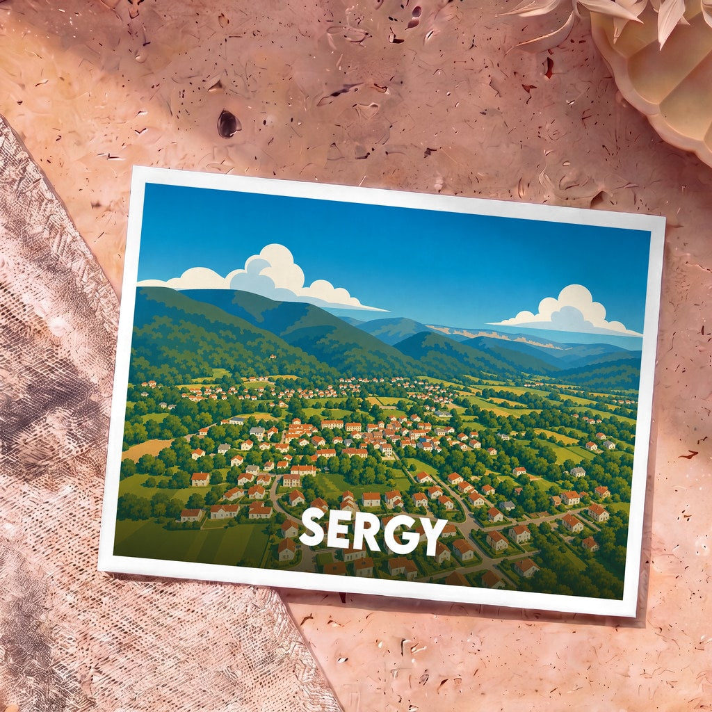 Carte postale souvenir de la ville de Sergy avec une illustration stylisée d'un village niché dans une vallée verdoyante au pied des montagnes.