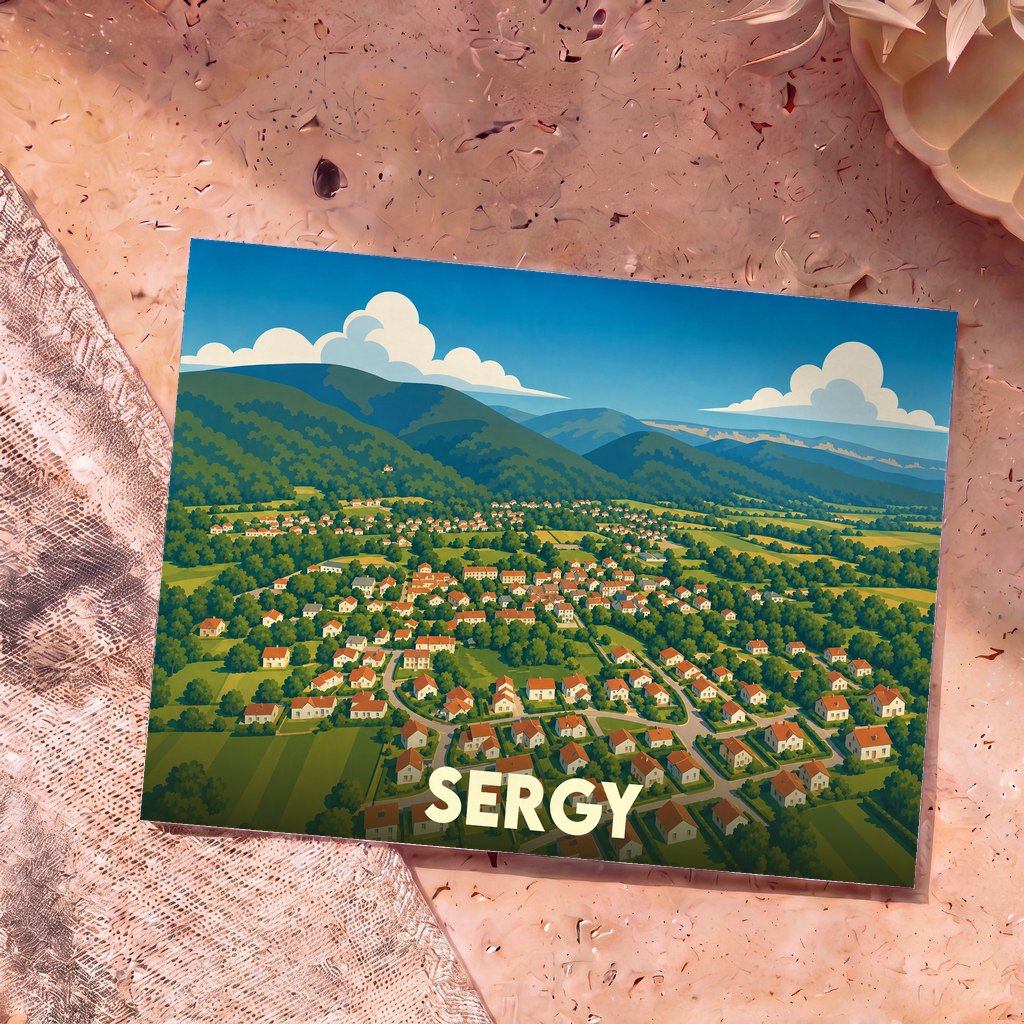 Carte postale souvenir de la ville de Sergy avec une illustration stylisée d'un village niché dans une vallée verdoyante au pied des montagnes.