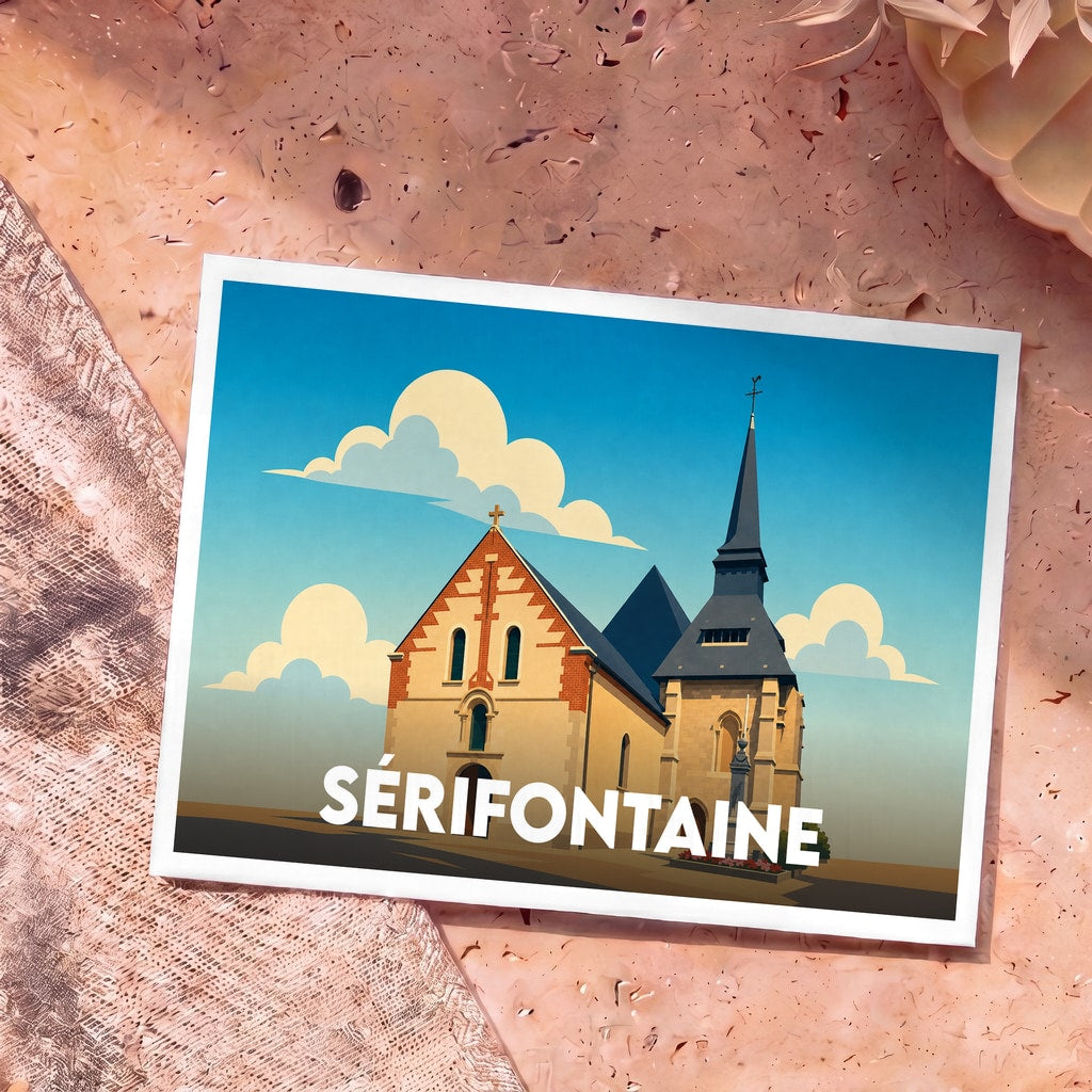 Carte postale souvenir de la ville de Sérifontaine avec une illustration stylisée de son église.