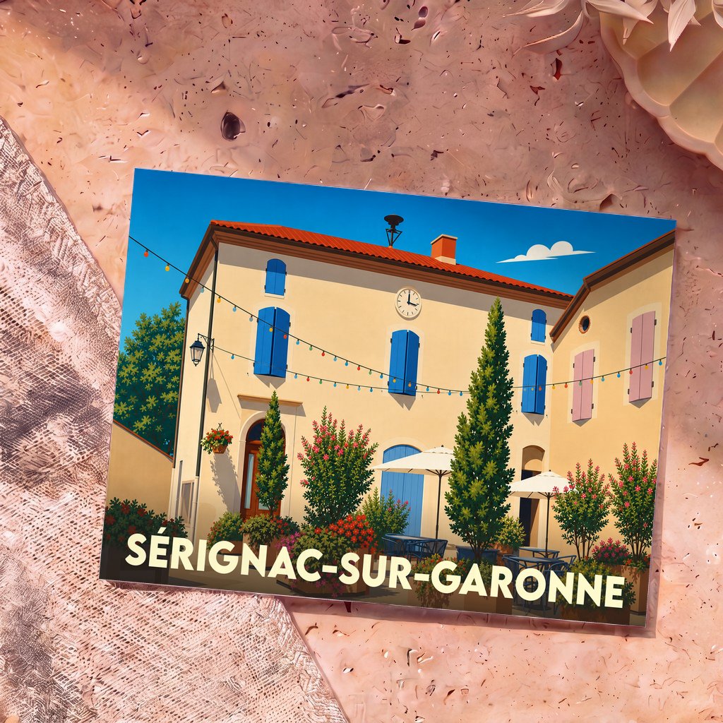 Carte postale souvenir de la ville de Sérignac-sur-Garonne avec une illustration stylisée d'une place ensoleillée.