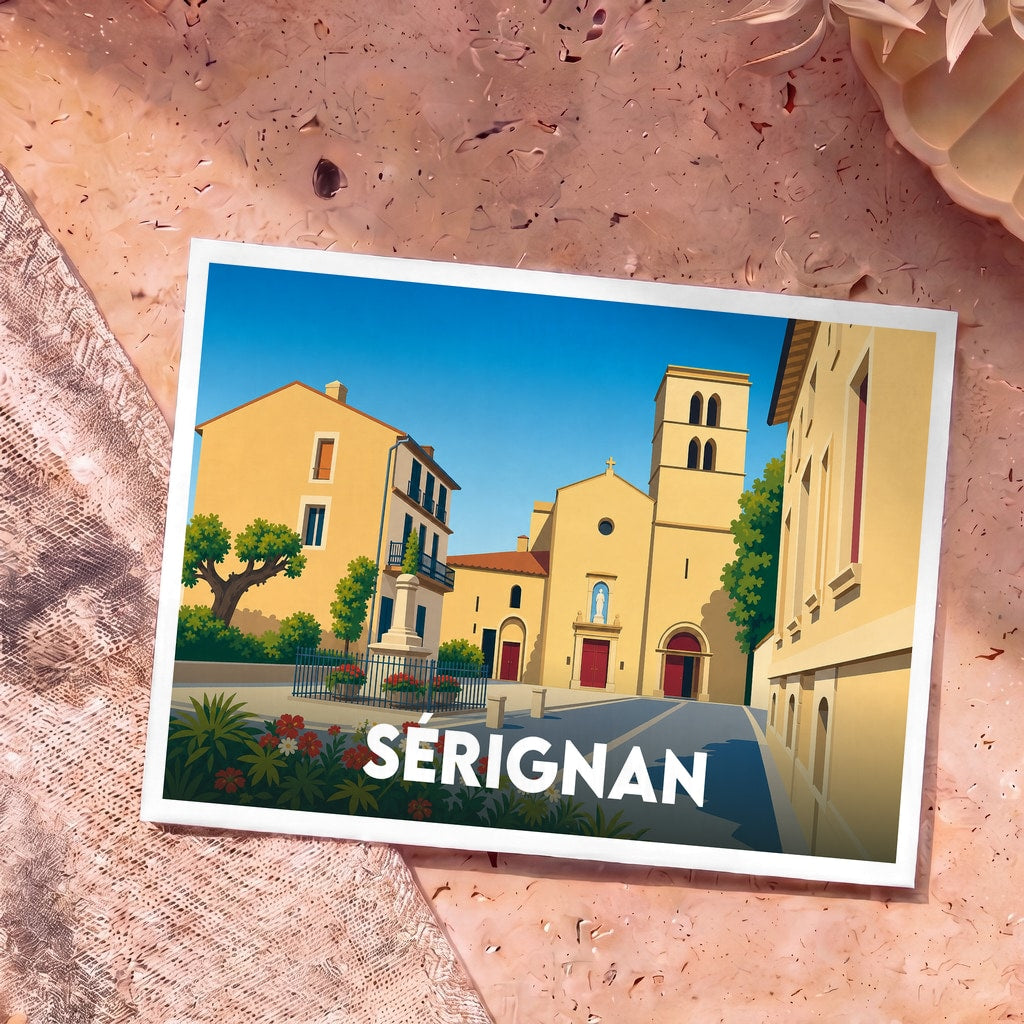 Carte postale souvenir de la ville de Sérignan avec une illustration stylisée de sa place centrale et de son église.