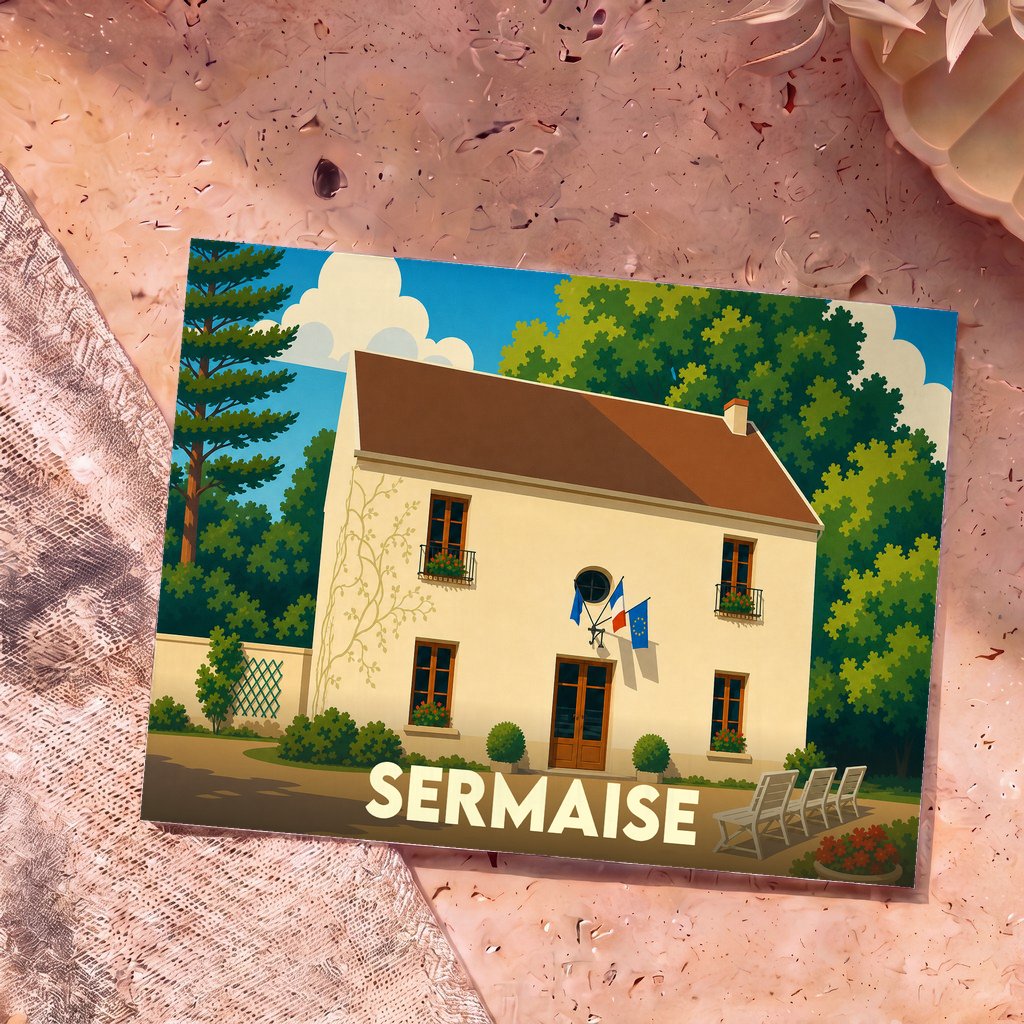 Carte postale souvenir de la ville de Sermaise avec une illustration stylisée de sa mairie.