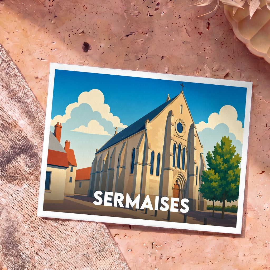 Carte postale souvenir de la ville de Sermaises avec une illustration stylisée de son église.