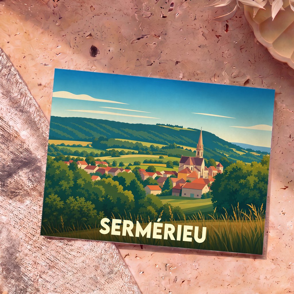 Carte postale souvenir de la ville de Sermérieu illustrant un paysage de campagne vallonné et son église dans un style graphique épuré.