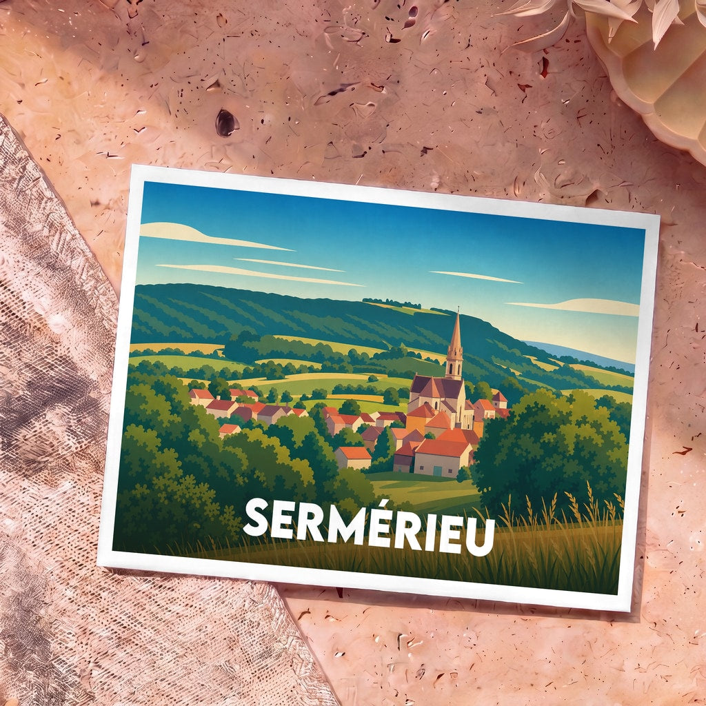 Carte postale souvenir de la ville de Sermérieu illustrant un paysage de campagne vallonné et son église dans un style graphique épuré.