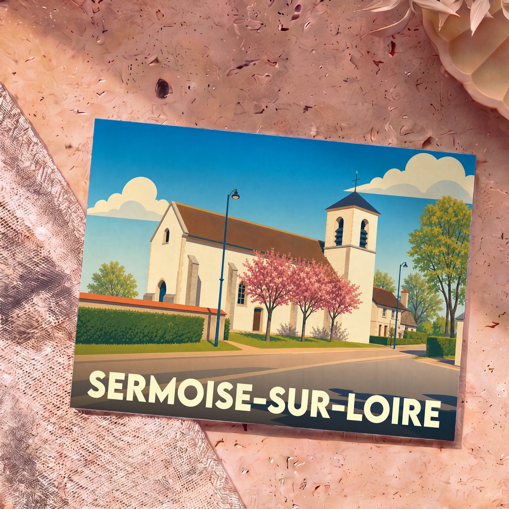 Carte postale souvenir de la ville de Sermoise-sur-Loire avec une illustration stylisée de son église sous un ciel bleu.