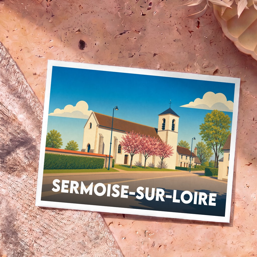 Carte postale souvenir de la ville de Sermoise-sur-Loire avec une illustration stylisée de son église sous un ciel bleu.